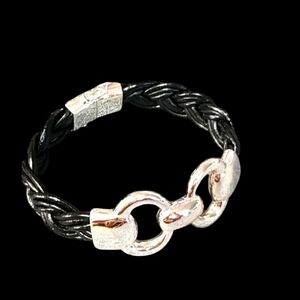 Bronze Milor Italy Black Leather Silver Bracelet